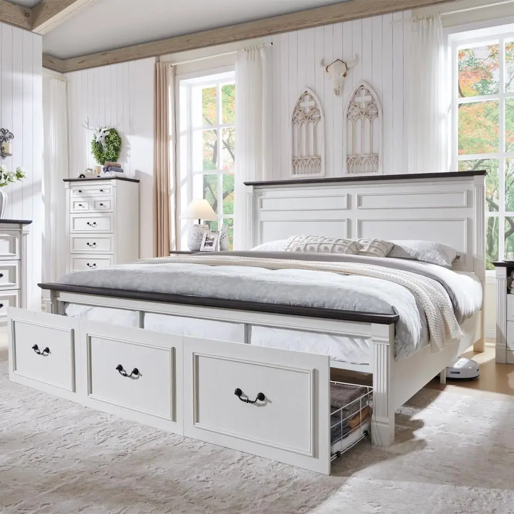 

Aitjunz armhouse King Size Bed e with 51" Tall board, Wood Platorm Bed e with 20" Tall Column Decoration ootboard & 3 Large Stor