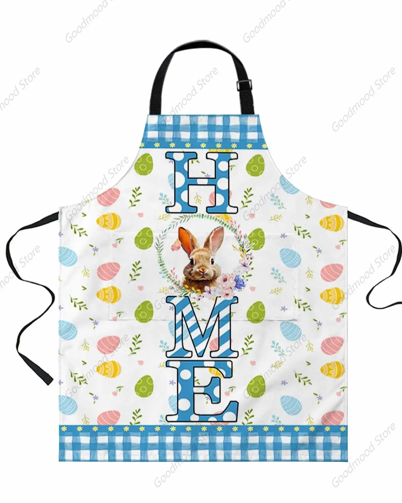 Blue Home Easter Kitchen Aprons with Pockets Waterproof, Bunny Spring Floral Eggs Plaid Adjustable Bib Chef Aprons for Cooking