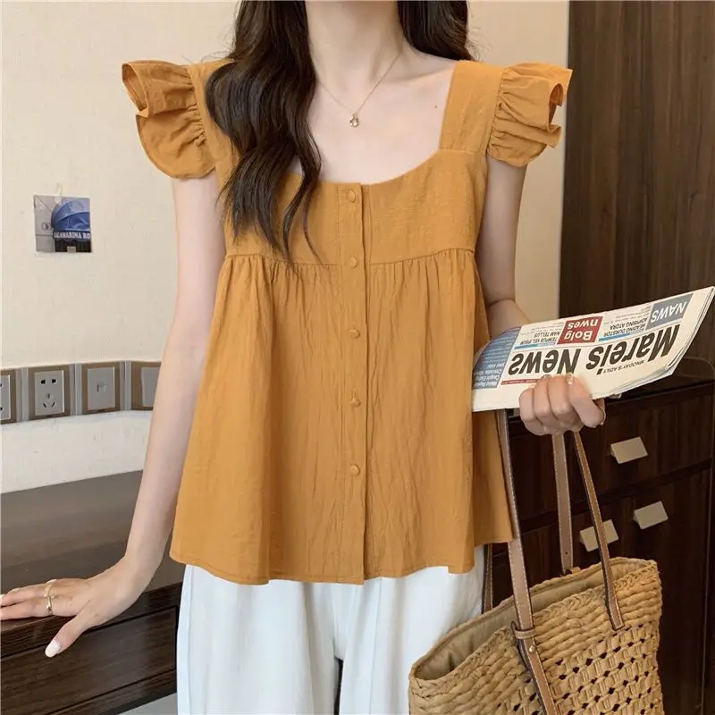 بلا أكمام البساطة الكشكشة فضفاضة الحلو بلوزة الصيف جديد الصلبة الشباب كل مباراة الكورية قميص بلايز موضة ملابس النساء كسول #3
