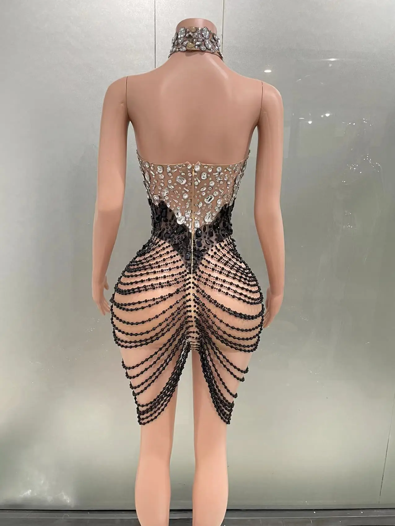 STOCK Sparkling Crystals Women Evening Prom Party Dress Sexy See Through Elastic Mesh Photoshoot Wear Sing Dance Dresses Costume