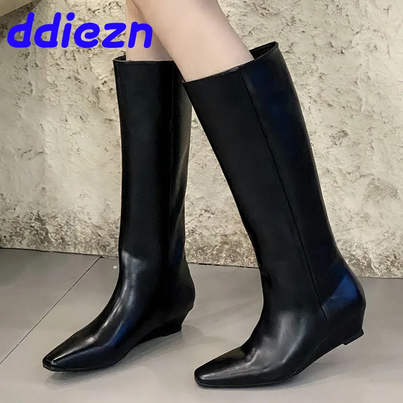 

New Female Wedges Shoes Women Knee High Bootes Slip On Footwear Fashion Pointed Toe Ladies Long Modern Boots With Wedges Shoes