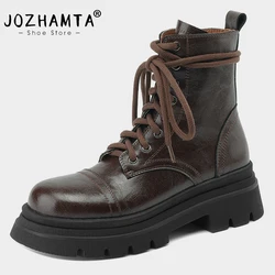 JOZHAMTA Size 34-39 Women Ankle Boots Retro Real Leather Lace-Up Thick Heels Platform Shoes Fall Winter 2025 Knight Boots Dress