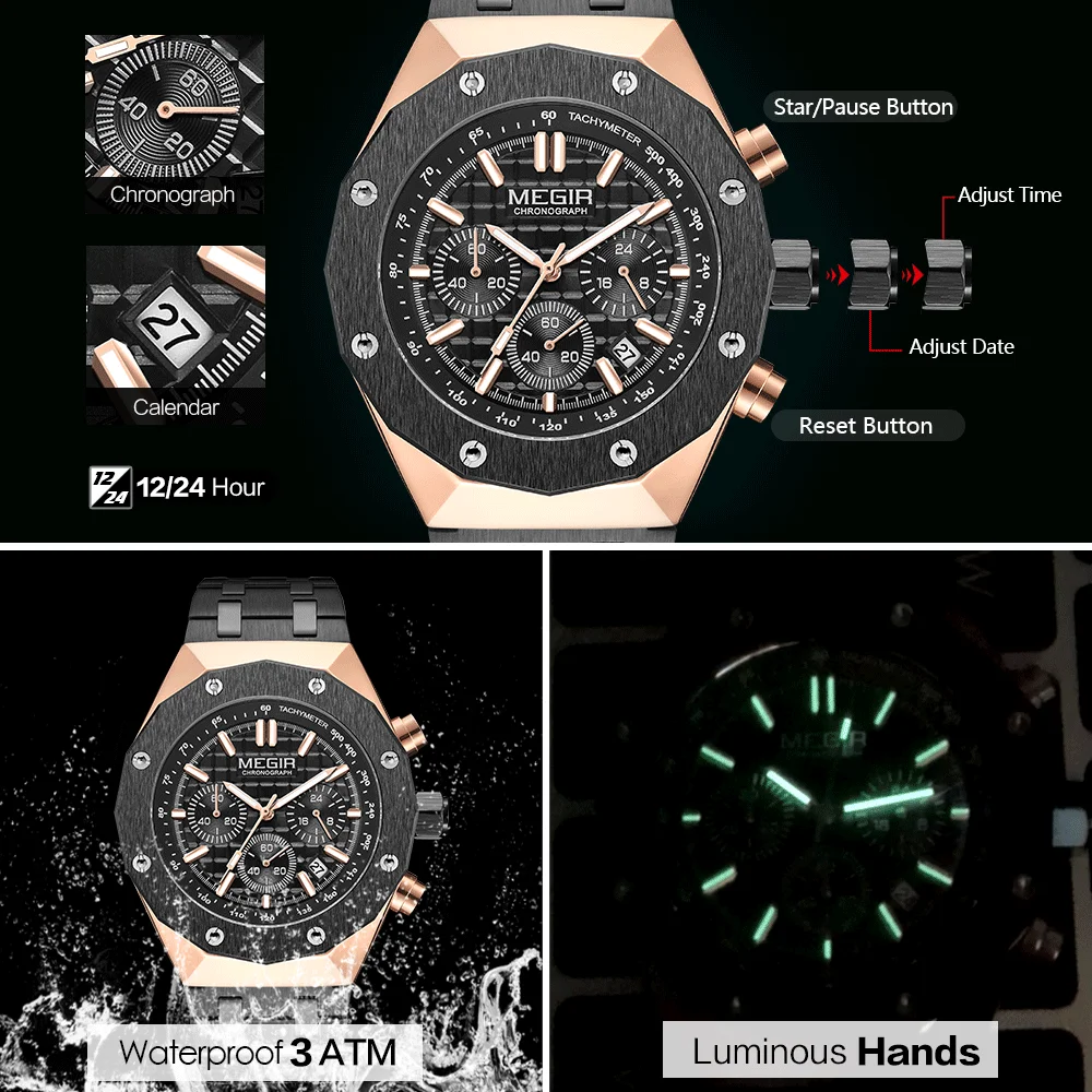 MEGIR Fashion Dress Watch Men Stainless Steel Strap Waterproof Quartz Wristwatch with Chronograph Auto Date Luminous Hands 2213