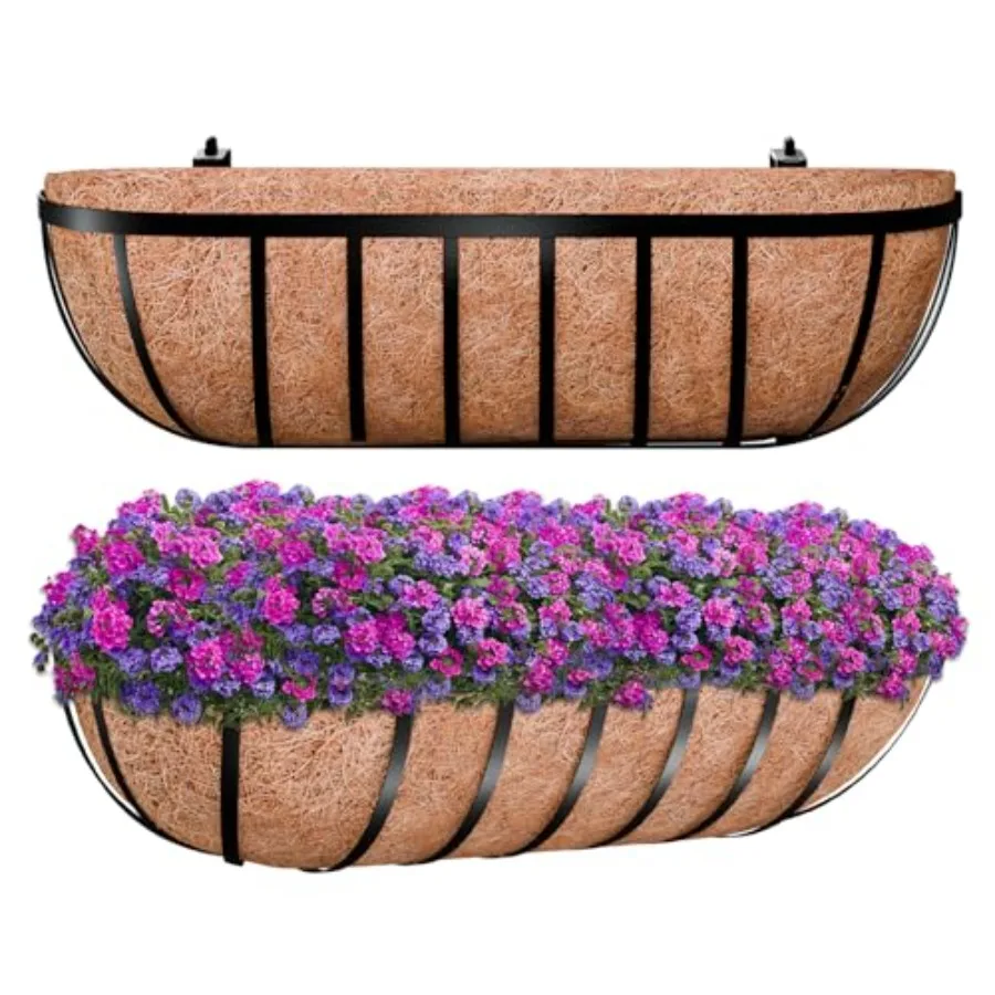 

24-дюймовые металлические кашпо для перил (2 шт.) с кокосовыми вкладышами, подвесные цветочные ящики для террасы, веранды, балкона