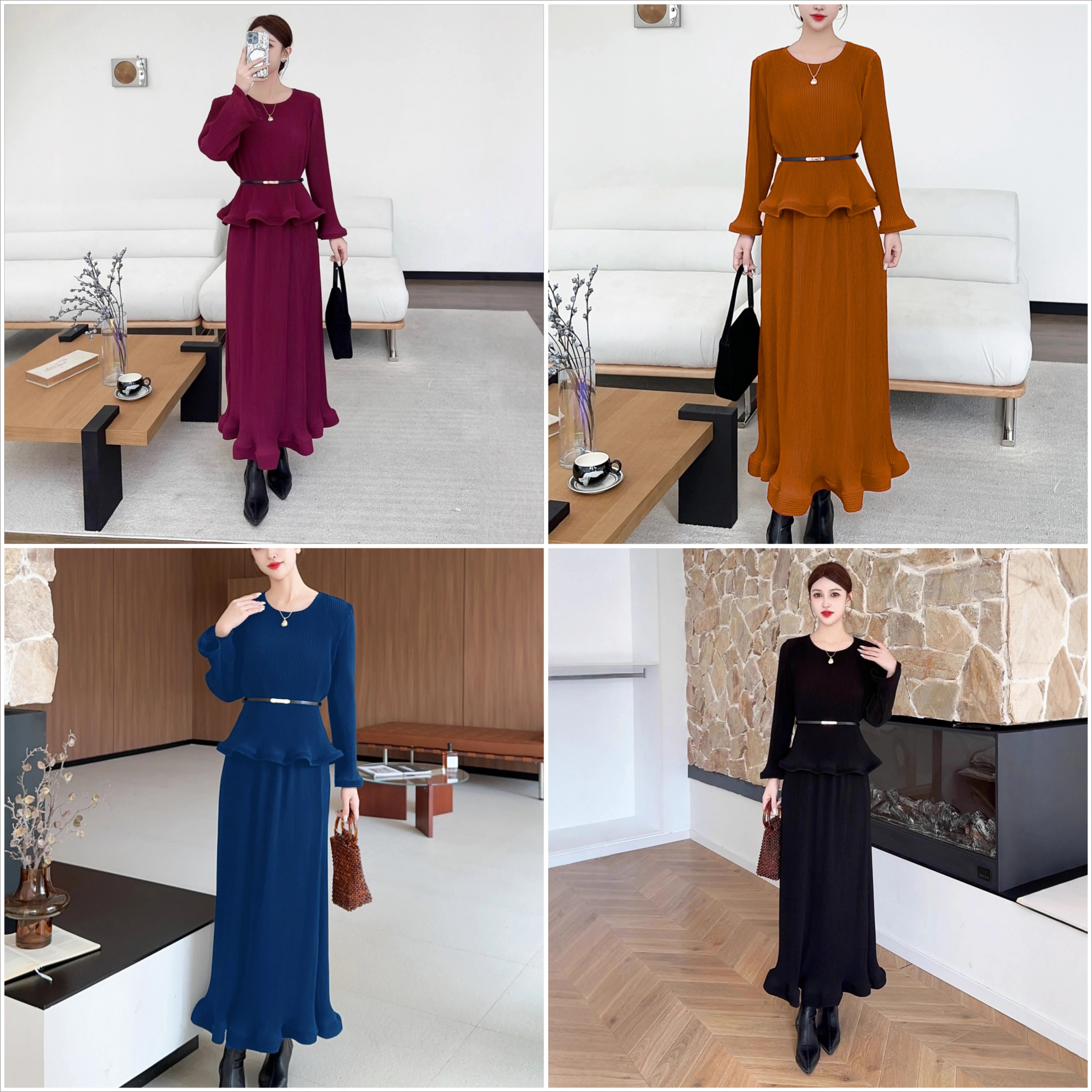 

Miyake Fold 2025 Autumn New Fashion Style Set Women's Fold Ruffle Edge Hoodie Fashion Pleated Top Half Skirt Two Piece Set