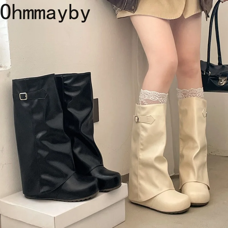 Winter Punk Style Leather Women Knee High Boots Round Toe Platform Chunky Sole Long Booties Height Increase Zapatos De Mujer