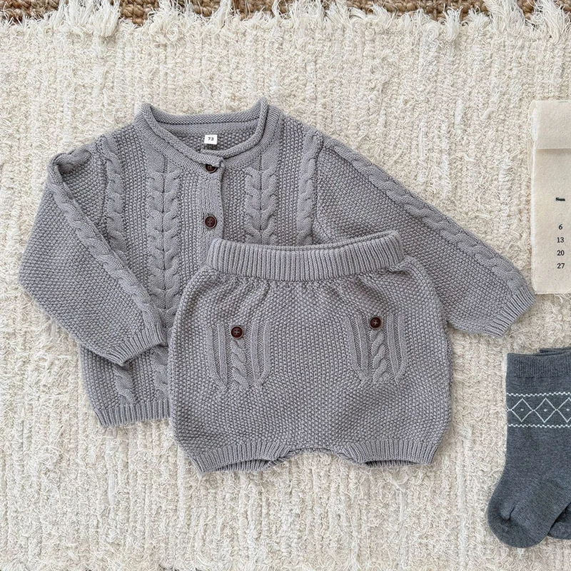 2026 ربيع جديد طفل رضيع الفتيان فتاة الملابس مجموعة طويلة الأكمام سترة مشغولة من الصوف سترة + السراويل 0-3Yrs الأطفال الملابس دعوى