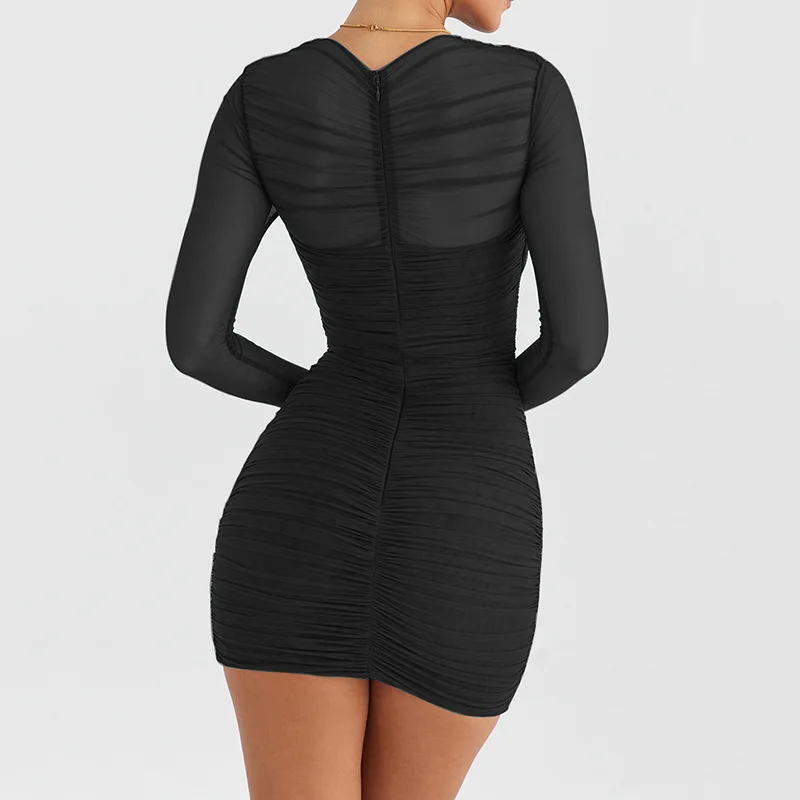 Women's Sheer Mesh Long Sleeve Fashion New Sexy Hot Girl Pleated Bodycon Dress Autumn