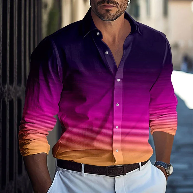 Nuova camicia da lavoro casual, top da uomo alla moda, colore sfumato, festa casual all'aperto, morbida e confortevole