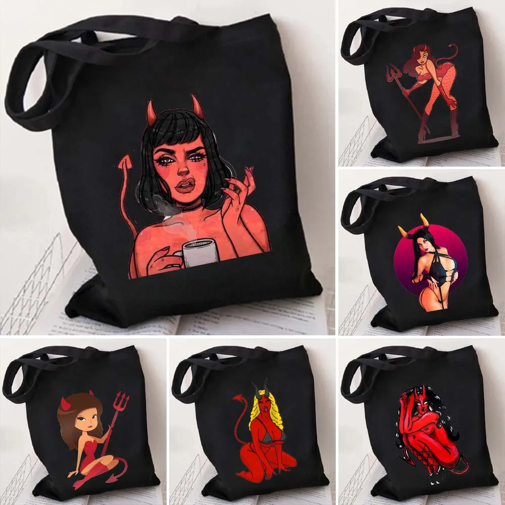 Sexy Devil Woman Girl Female Dark Art Angel Wings Women's Canvas Shopper Cotton Totes Beach Bag Shopping Luxury Shoulder Handbag