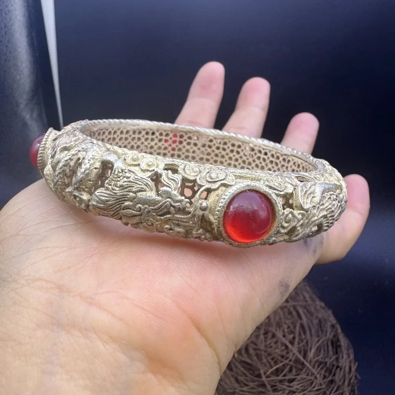 Hollow Tibetan Silver Dragon Phoenix Bangle Inlaid Gems, Traditional Ethnic Unisex Vintage Jewelry Bracelet
