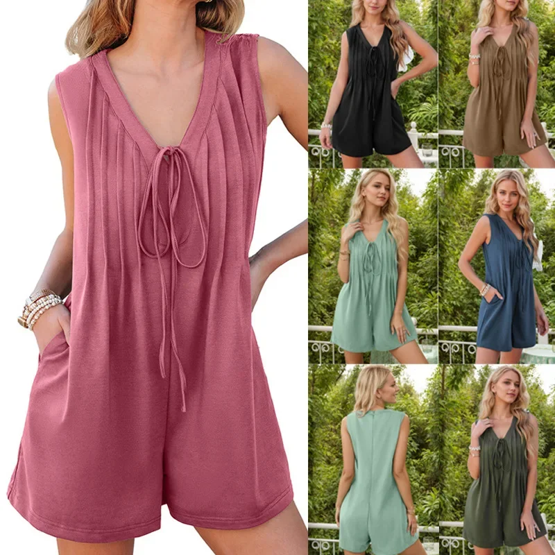 Mini abito senza maniche primavera estate con scollo a V e pizzo, abito alla moda ampio a vita alta in tinta unita