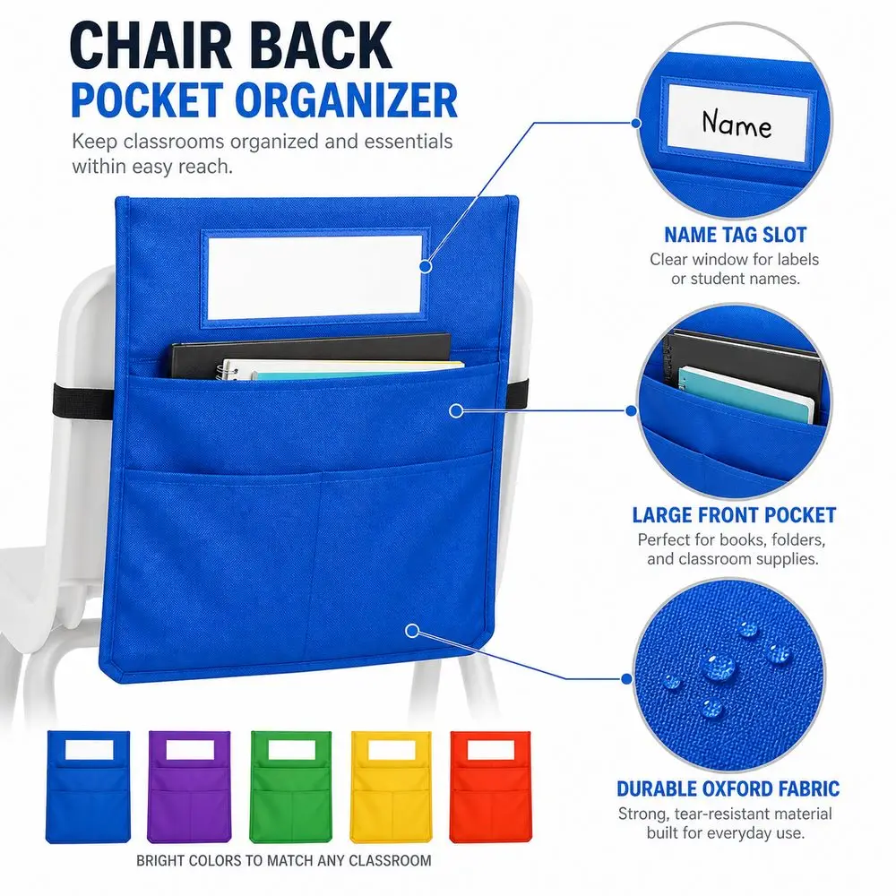 Classroom Chair Pocket Chair Back Organizer Oxford Cloth Hanging Seat Back Organizer Durable Bright Hanging Storage Bag