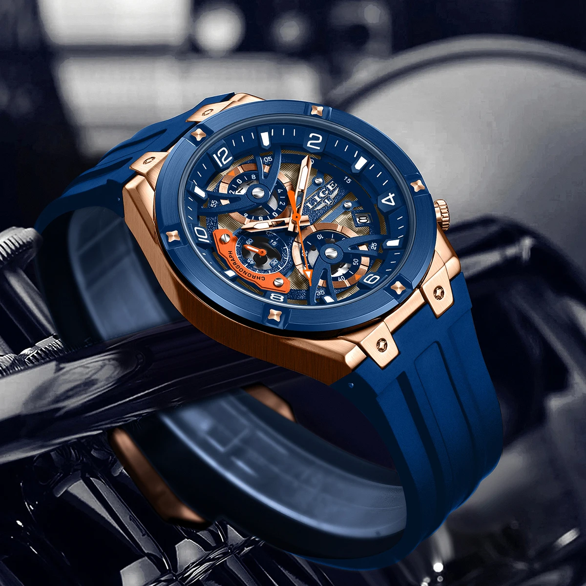 LIGE ファッション高級腕時計シンプルなダイヤル中空クラシックカジュアルスポーツトップブランド防水自動日付シリコーンクォーツマン腕時計