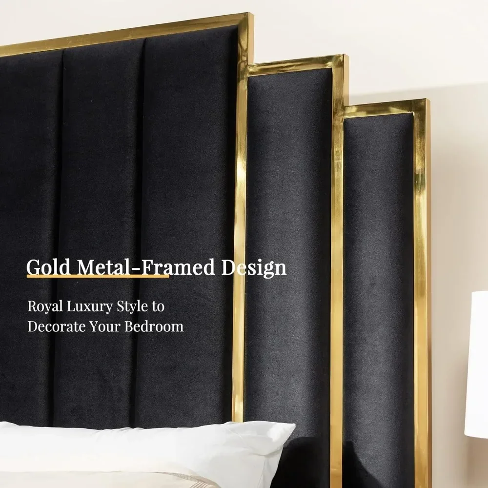 King Size Platform Bed Frame, 65" Velvet Upholstered Bed with Gold Trim Headboard/Wooden Slats image 4