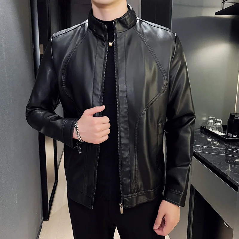 Chaqueta de cuero suave para hombre, abrigo fino de manga larga con cremallera, Color liso, marca de moda, novedad de primavera y otoño, 2023