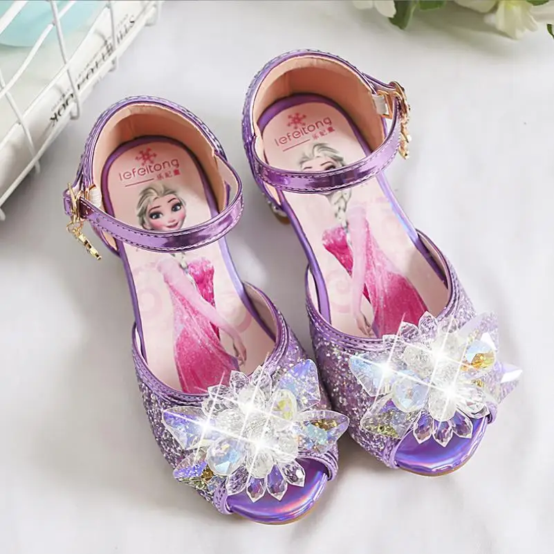 Sandalias Disney para niñas, nuevos zapatos de princesa Elsa, zapatos de verano de Frozen para niños, zapatos informales de cristal con lentejuelas,