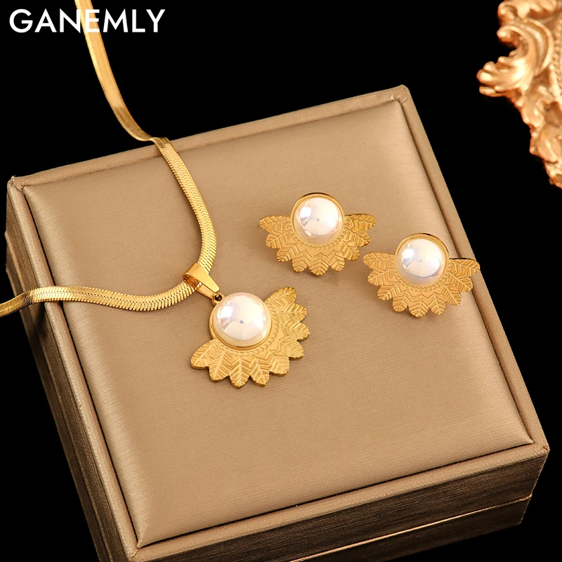 GANEMLY 316L in acciaio inox dolce delicato foglia di perle collana orecchini Set per le donne moda nuovi gioielli Set Lady Gift Party