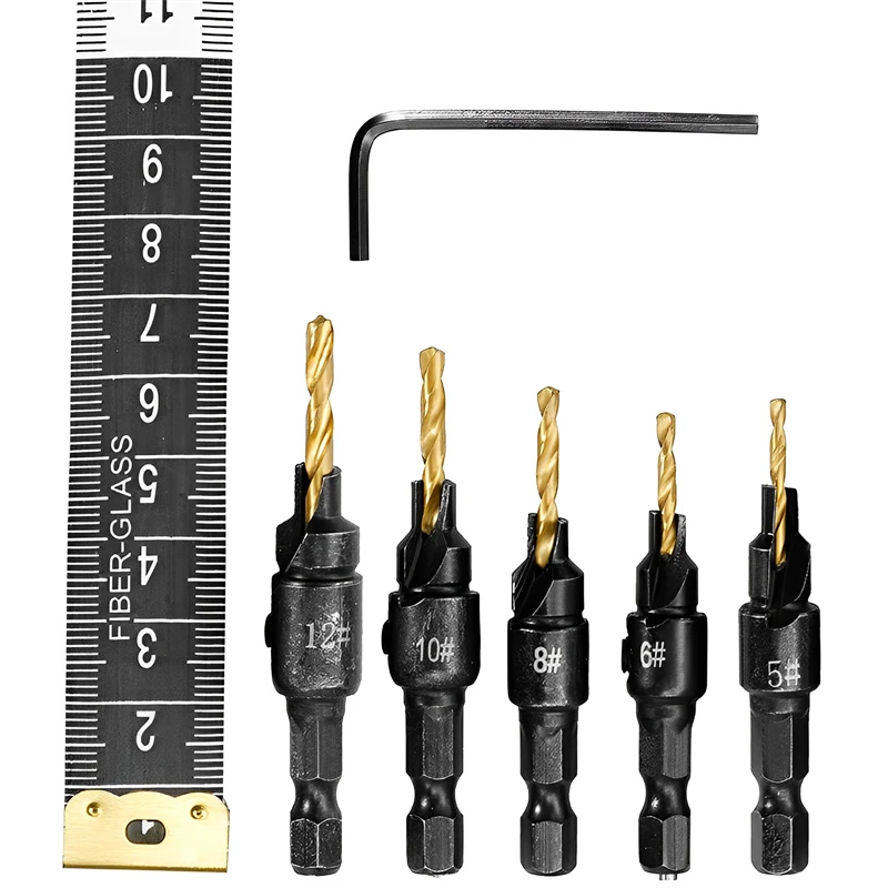 5pcs Countersink Drill Woodworking Drill Bit Set Drilling Pilot Holes for Screw Sizes #5 #6 #8 #10 #12 Cutter Screw Hole Drill