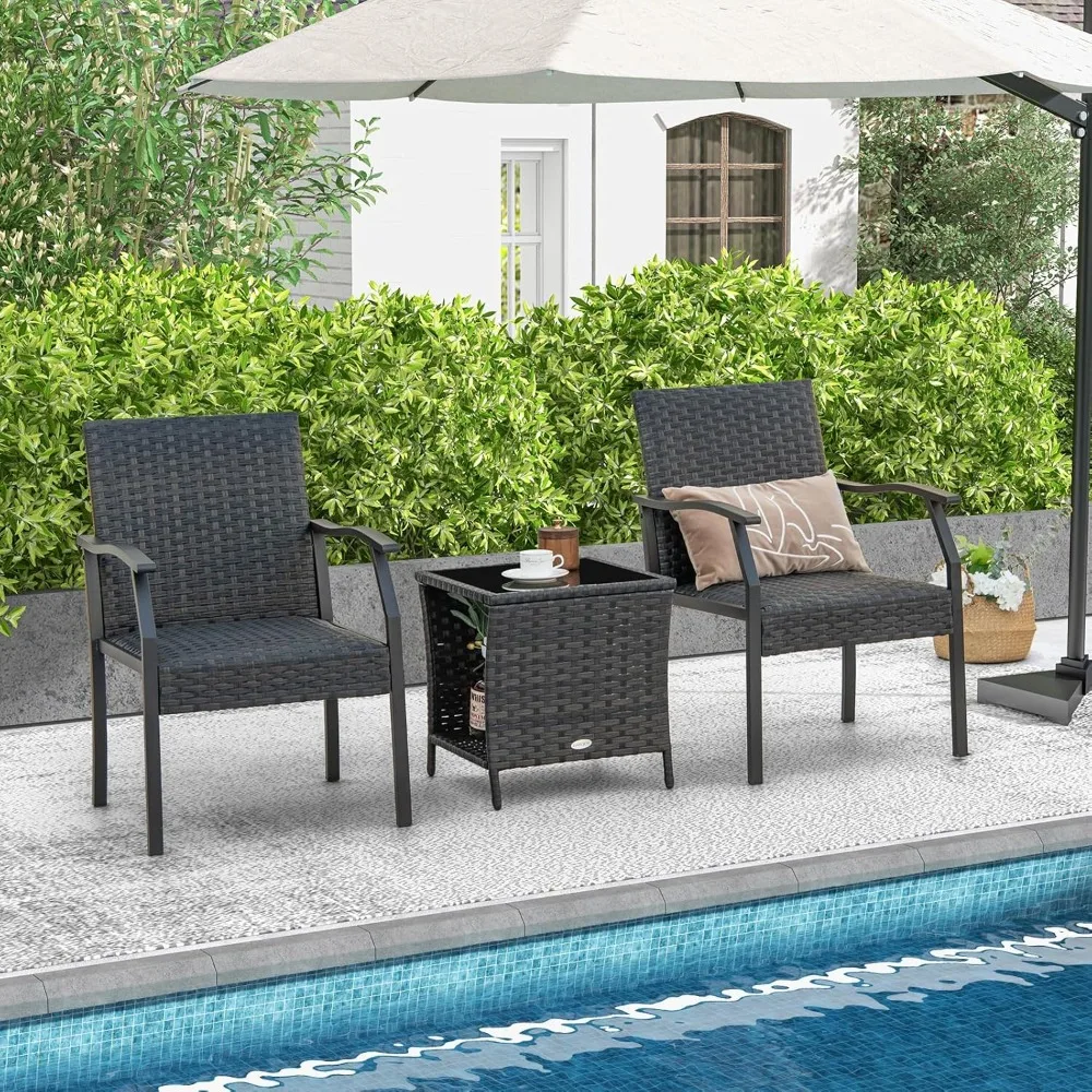 3 Pieces Patio Wicker Chair Set, Waterproof All Weather Resistant Heavy Duty Outdoor Conversation Set with Quick Dry Foam