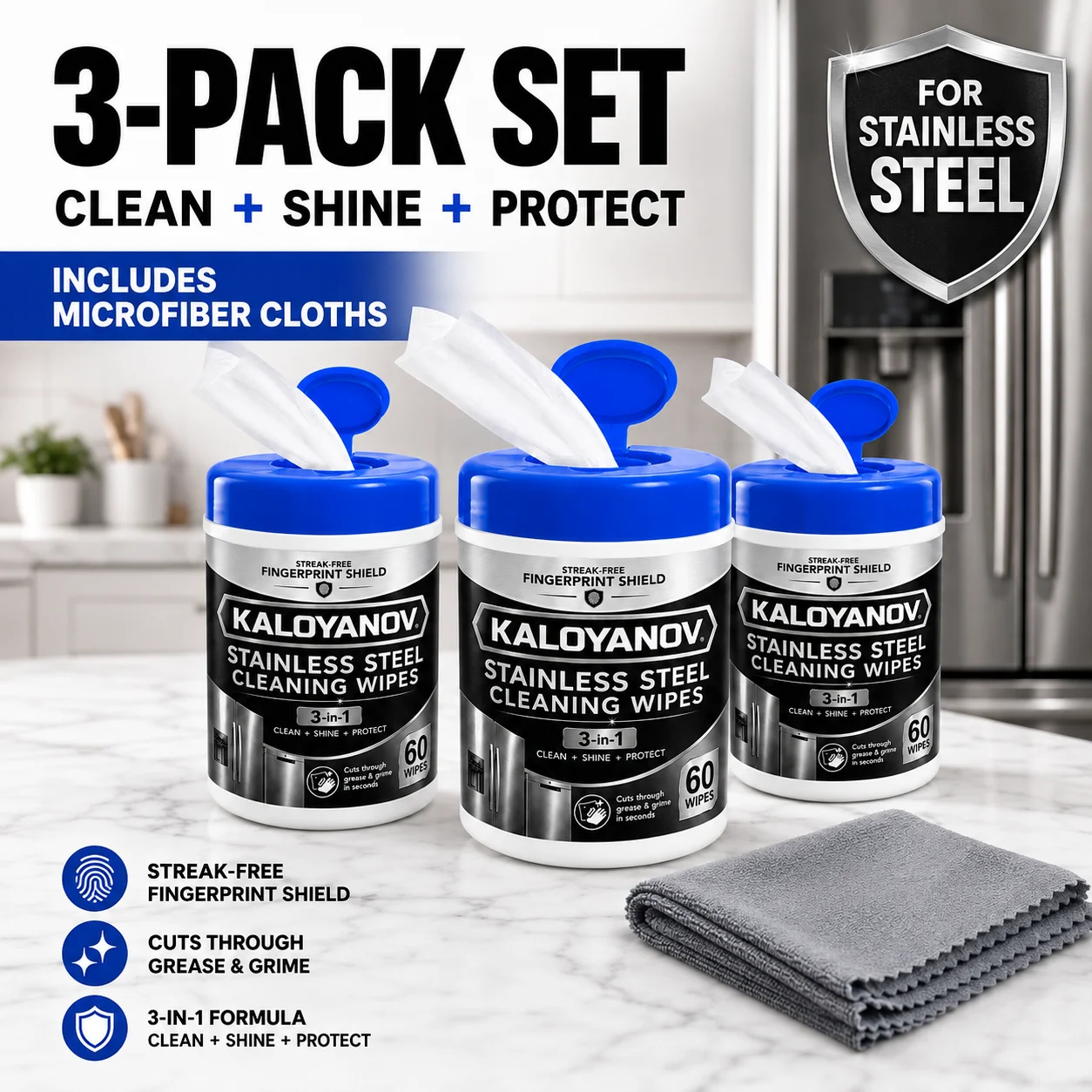 KALOYANOV 3-Pack Stainless Steel Cleaning Wipes, 180 Wipes with 3 Microfiber Cloths, Fingerprint & Grease Remover for Appliances
