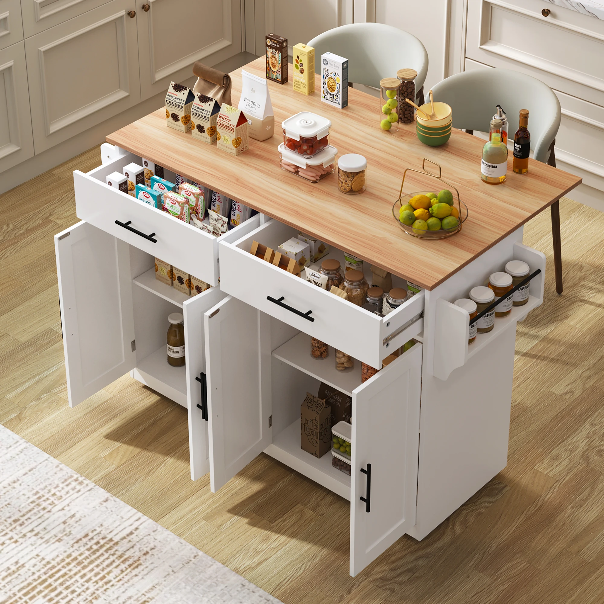 Chariot de cuisine pliable blanc avec tiroirs et armoires de rangement, pieds en bois, chariot de service roulant pour salle à manger