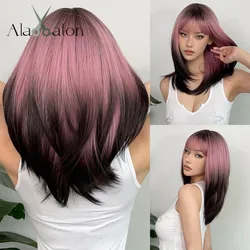 ALAN EATON Black Pink Ombre Synthetic Wigs for Black Women Long Layered Straight Wig Mixed Colored Cosplay Hair High Temperature