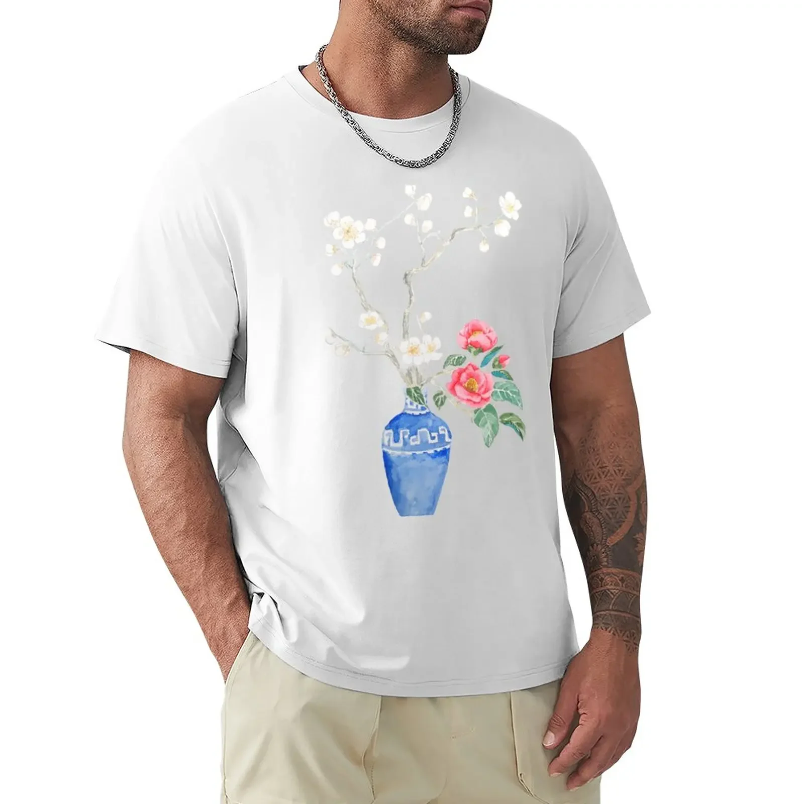 red camellia flower white plum flower in a blue vase T-Shirt vintage summer tops t shirts for men