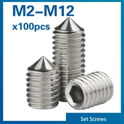 100pcs/lot Hex hexagon socket set screw cone point grub screw M2 M2.5 M3 M4 M5 M6 M8 M10 M12 304 Stainless Steel DIN914