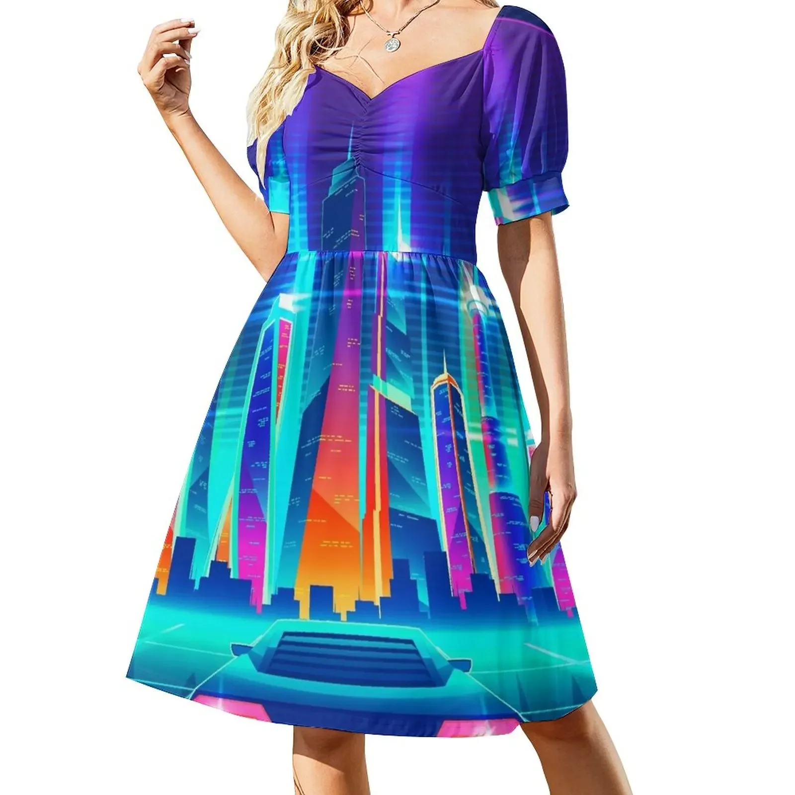 

Synthwave Neon City Short-Sleeved Dress wedding guest dress 2025 dress women summer 2025 Female clothing