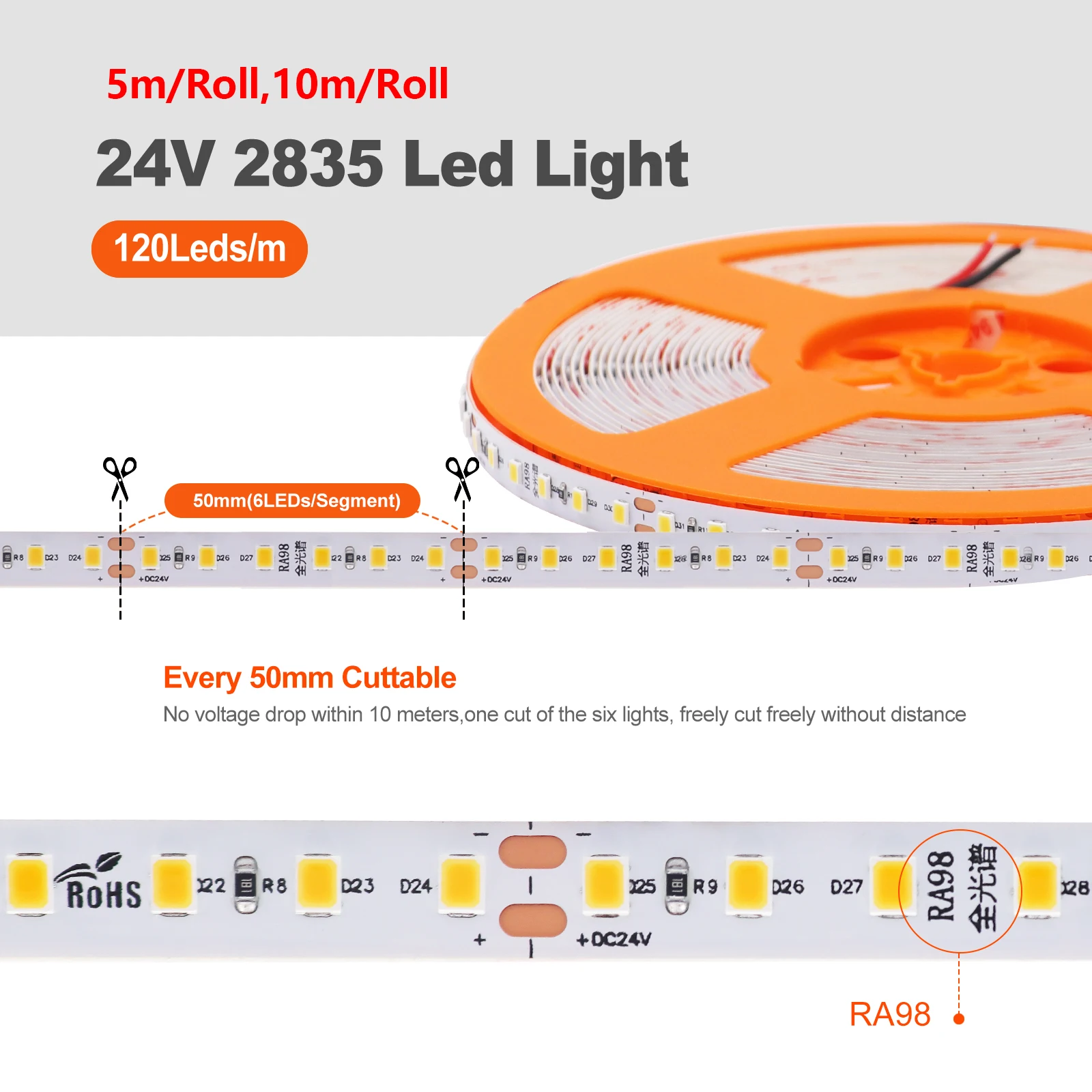 5m 10m RA98 LED Light Strip 24V Ciepła biel 2700K 3000K 3500K Naturalna biel 4000K Biała 5000K 6000K Elastyczna taśma LED do kuchni