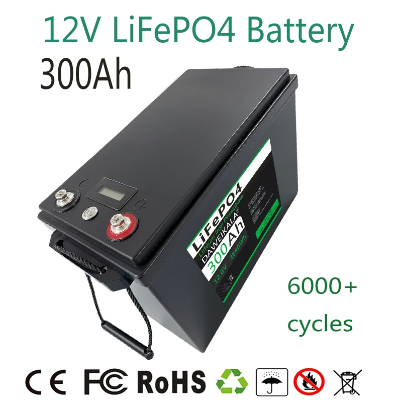 بطارية LiFePO4 12 فولت/24 فولت 100 أمبير في الساعة 12 فولت 200 أمبير 300 أمبير ليثيوم مع BMS محسن 8000-15000 دعم الدوائر العميقة في السلسلة/المتوازية
