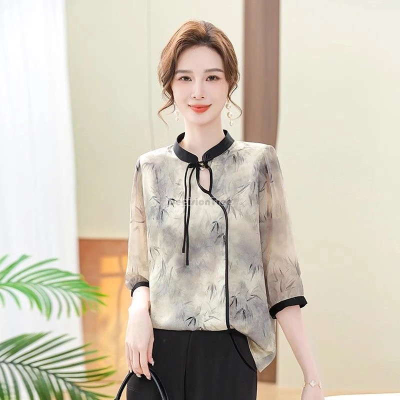 2024 chinese improved retro style printed stand collar half sleeve tang suit blouse long loose pant two pieces chinese set w815