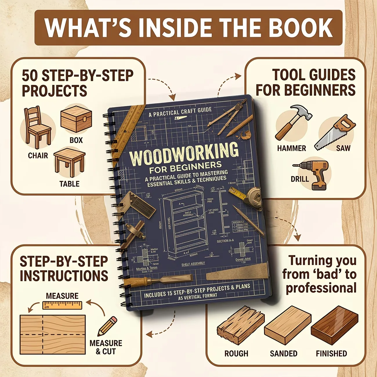 Винтажный прочный блокнот форм – обзор и цена Woodworking Book