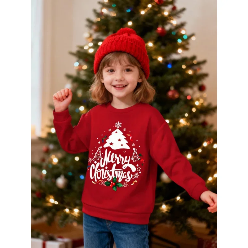 

Girls Red Christmas Sweatshirt 2026 Children's Festive Top with Christmas Tree 'Merry Christmas' Print round Neck Long Sleeve