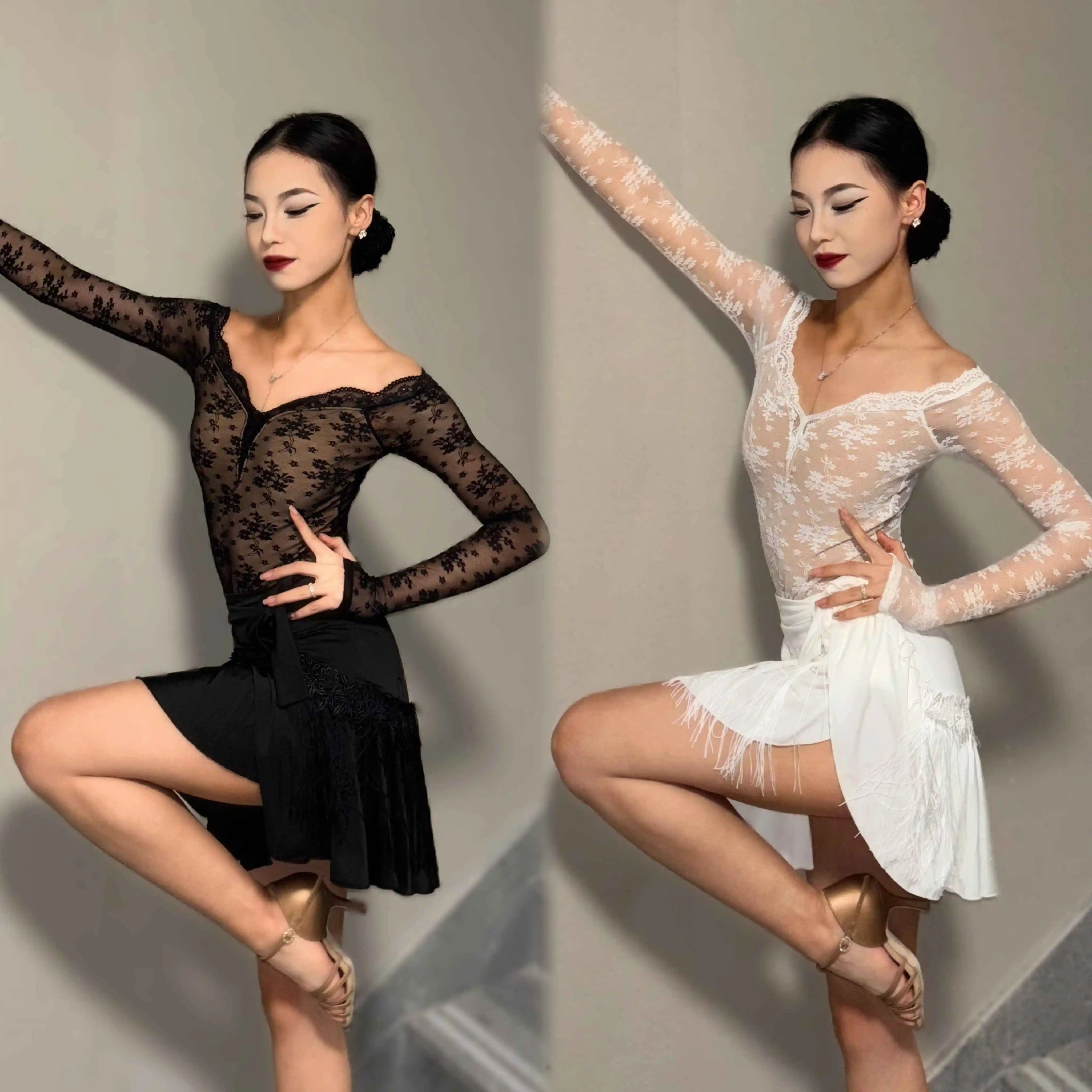 

Adult Cha Cha Rumba Dance Clothes 2026 Latin Dance Lace Tops Fringe Skirt Long Sleeves Practice Wear Women Latin Dresses SS1456