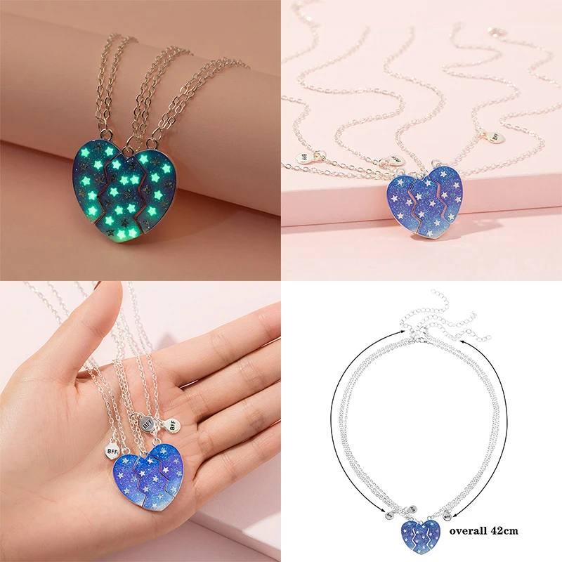 Luminous Star 3Pcs Broken Heart Pendant for Girls Bestie Friendship BFF Necklaces 3 Best Friend Jewelry Gift