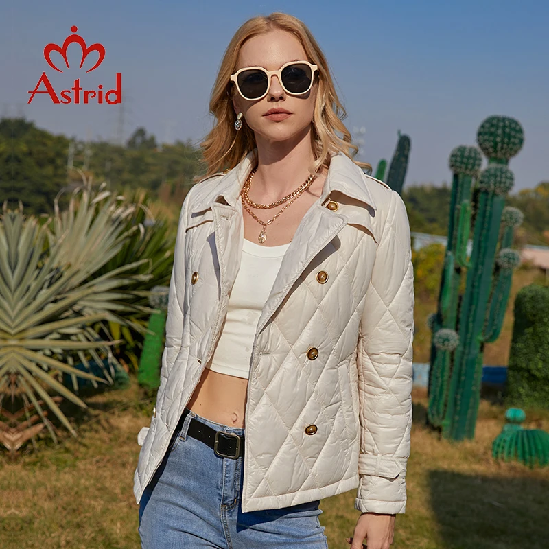 Astrid 2022 Spring Women Jacket Padded Short Argyle Coats Turn Down Collar Double Breasted Belt Thin Parkas Outerwear ZM-28T28