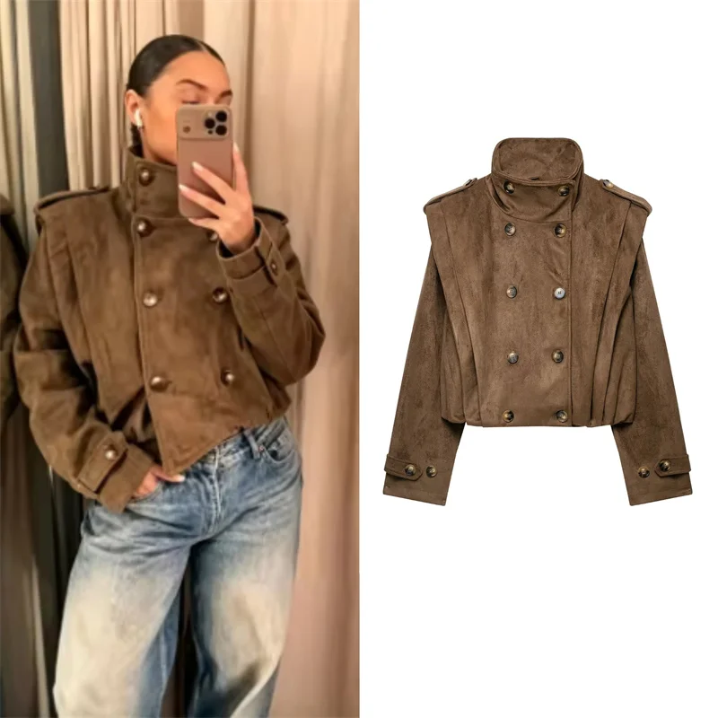 Guobioziy Women's Jacket 2026 Fall/Winter New American Retro Long-Sleeve Stand Collar Suede-Effect Pleated Short Trench Coat