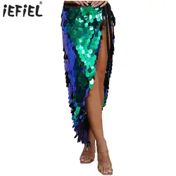 Womens Sequins Dance Skirt Long Belly Dance Hip Skirt Lace-Up Mermaid Hip Scarf Wrap Festival Dance Stage Performance Costumes