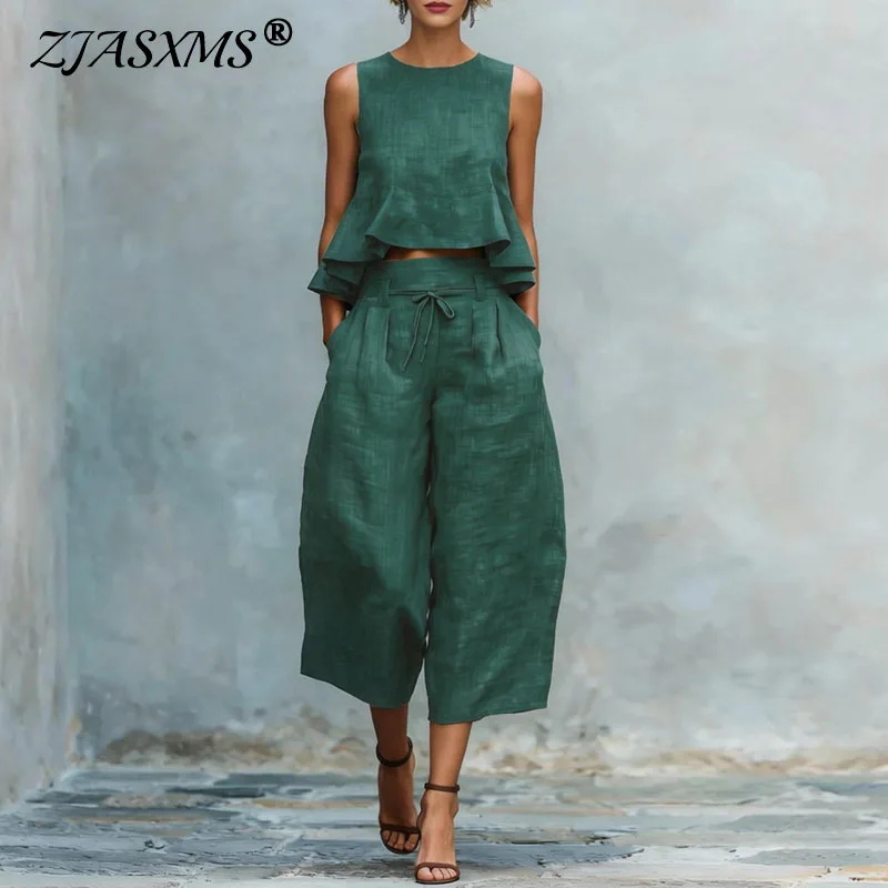 

Spring Summer Vacation Outfits Woman 2026 Elegant O Neck Sleeveless Tank Top And Wide Leg Trousers Suit Casual Ruffle Loose Sets