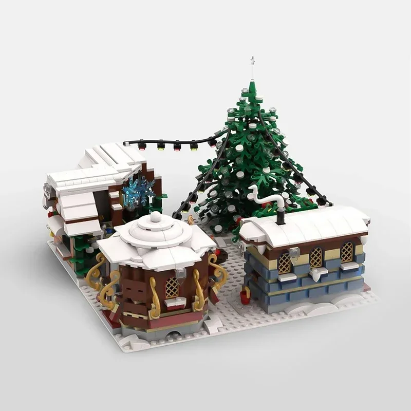 MOC-52465 aldeia de inverno mercado de natal barracas blocos de construção conjunto natal snowscape modelo arquitetônico diy crianças brinquedos presente