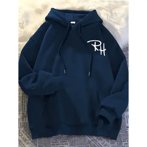 Men's RH Logo Hoodie - Navy Blue with White RH Letters, Casual Sports Pullover Hoodie
