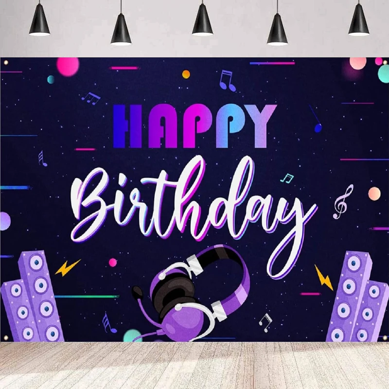 Music Happy Birthday Photography Backdrop Black - Social Media Musical Birthday Home Party Backdrop Wall Banner Decor Poster