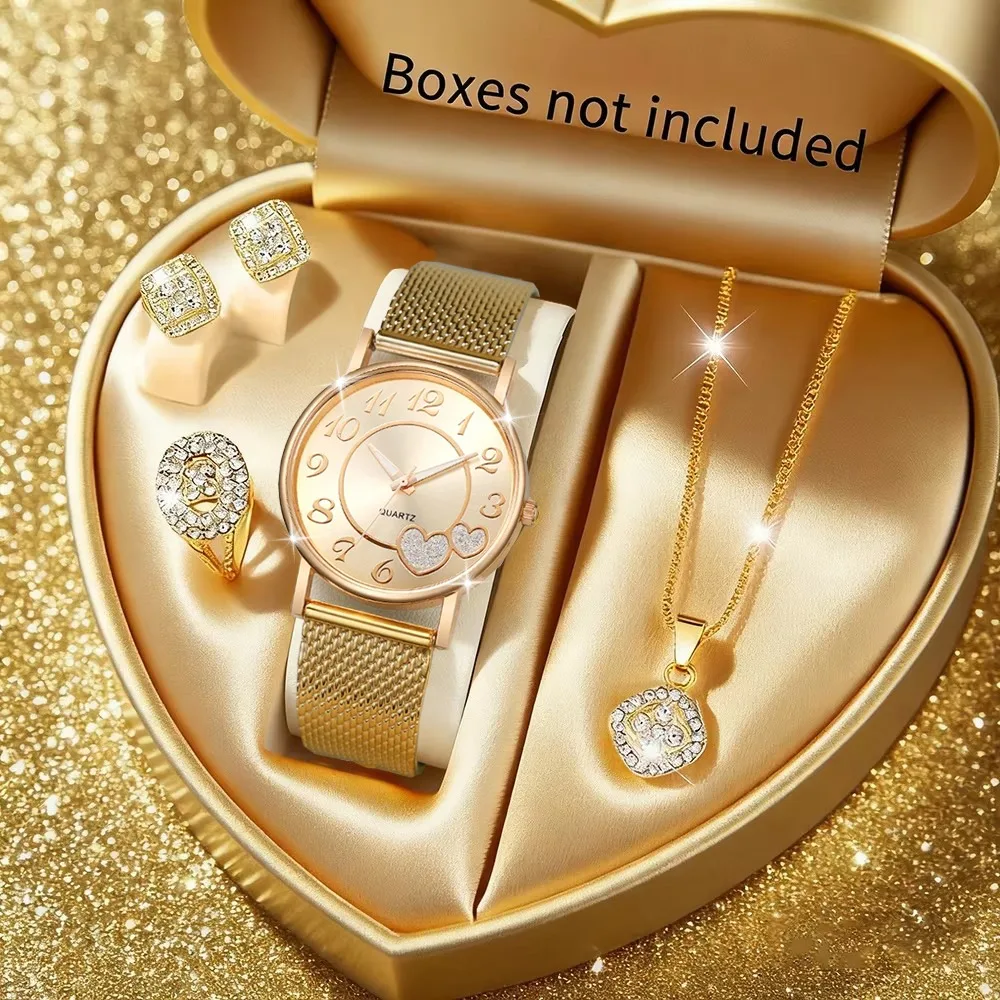 

5PCS Fashion Arabic Dial Women Watches Diamond Jewelry Set Casual Plastic Strap Ladies Quartz Wristwatch Reloj Mujer（Without Box