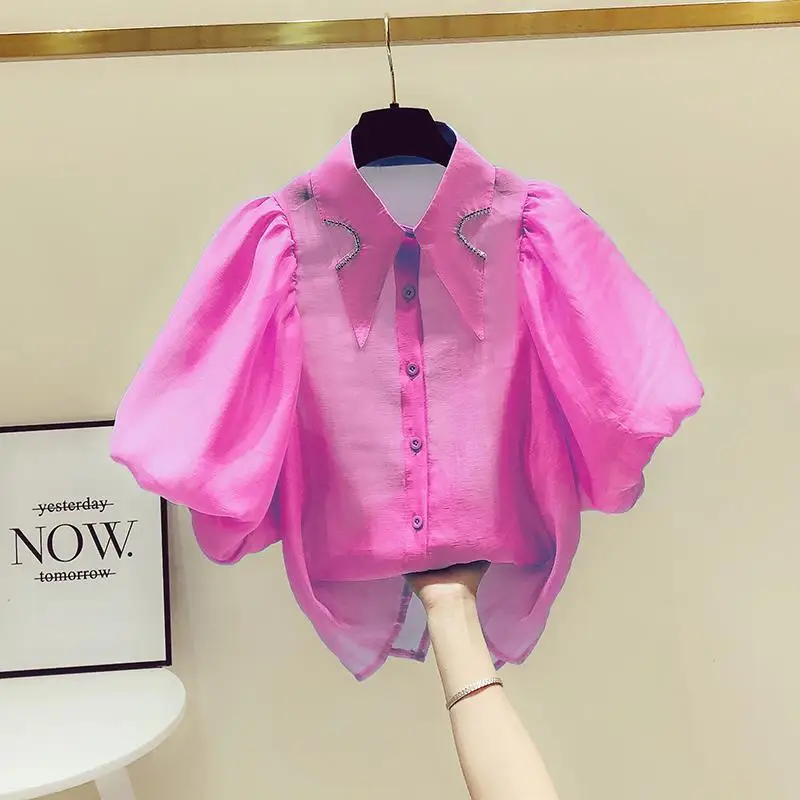 Summer Fashion Bright Line Decoration Solid Color Turn-down Collar Lantern Sleeve Blouse Female Fashionable Perspective Shirts