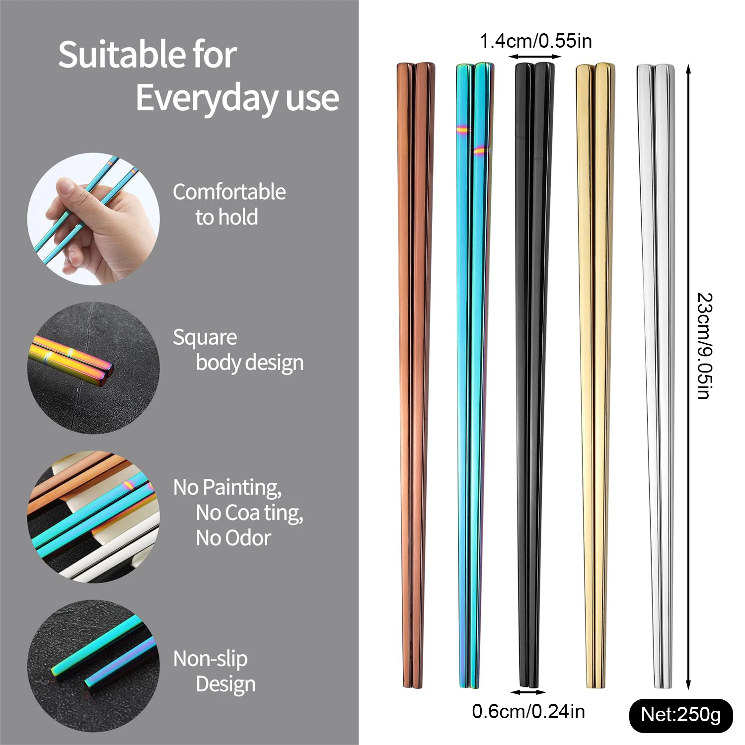 1-5 Pairs Stainless Steel Chinese Chopsticks Portable Non-slip Metal Chopsticks Sushi Food Sticks Kitchen Tableware Accessories