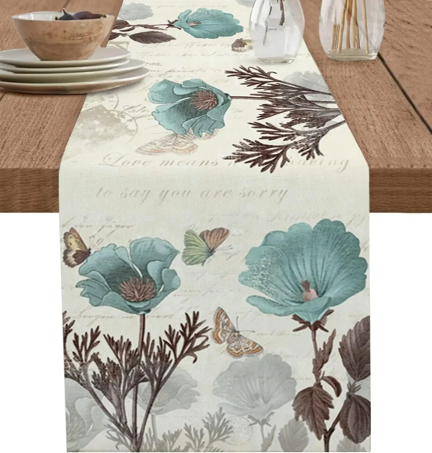 Vintage Teal Tulip Flowers Linen Table Runners Summer Floral Farmhouse Rustic Table Runner for Kitchen Dining Room Wedding Decor