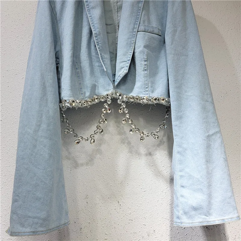 3D Strass Cadeia Borlas Azul Denim Blazer Casaco, Curto, Turn Down Collar, Diamantes Franjadas Jeans Jacket, Cristal Cowboy Cardigan