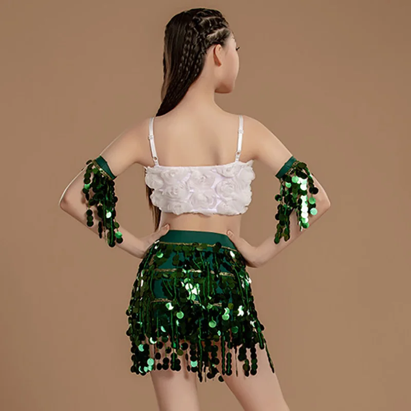 

Latin Dancewear Kids Girls Sleeveless Shining Spaghetti Strap Top and Skirts Practice Sets Childrens Professional Dance Costume